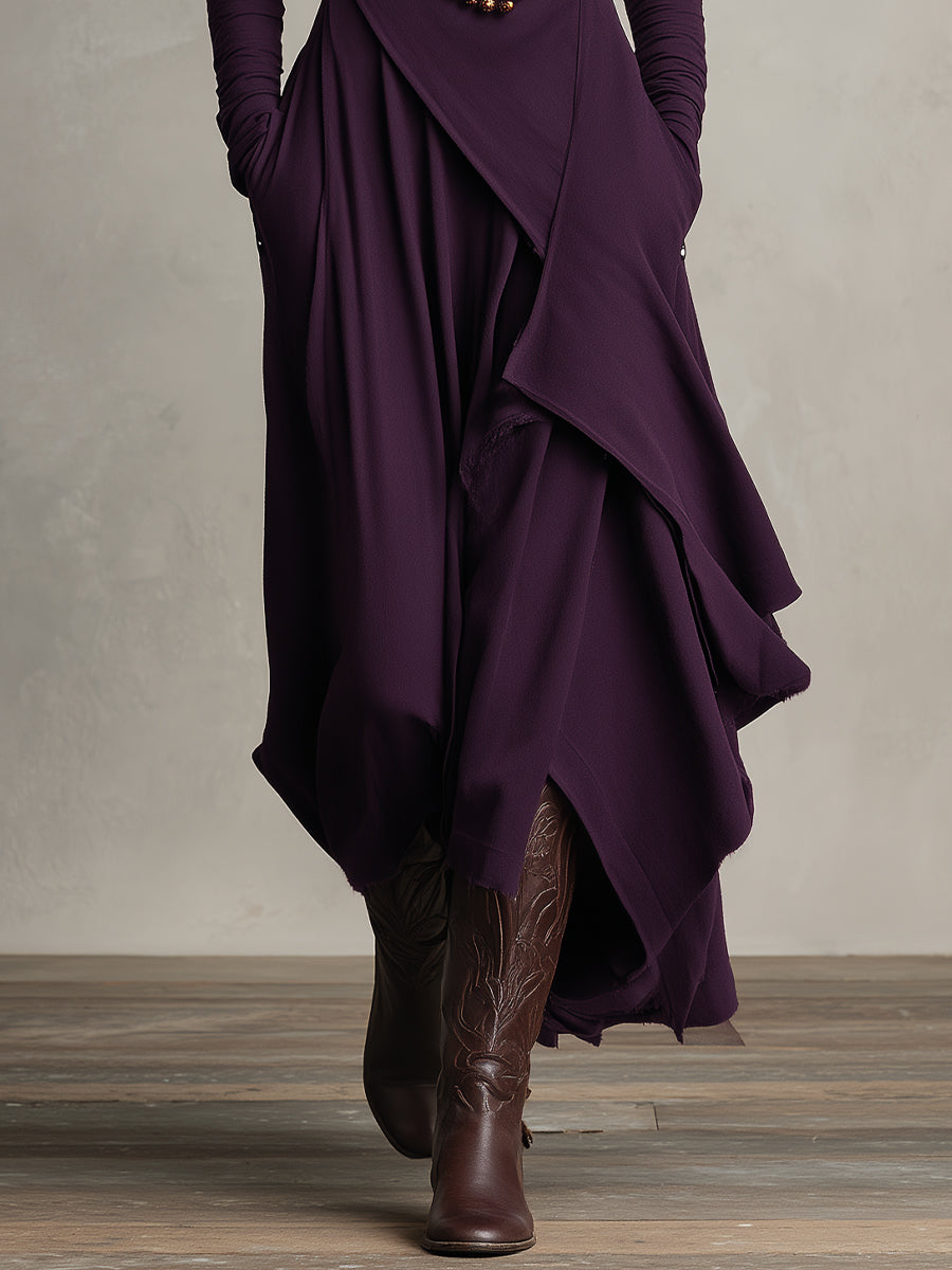 Boheme maxikjole i bomuldsstretch med rullekrave og asymmetrisk drapering