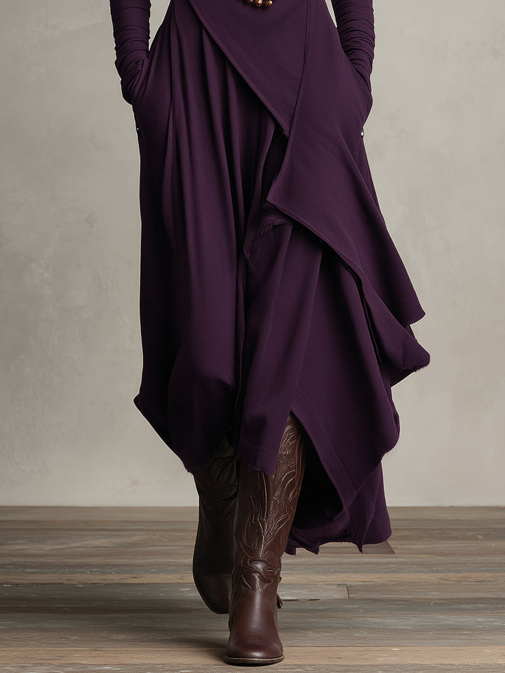Boheme maxikjole i bomuldsstretch med rullekrave og asymmetrisk drapering