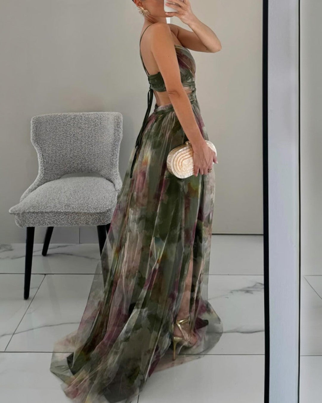 Bryony | Maxikjole i chiffon med akvarelmønster