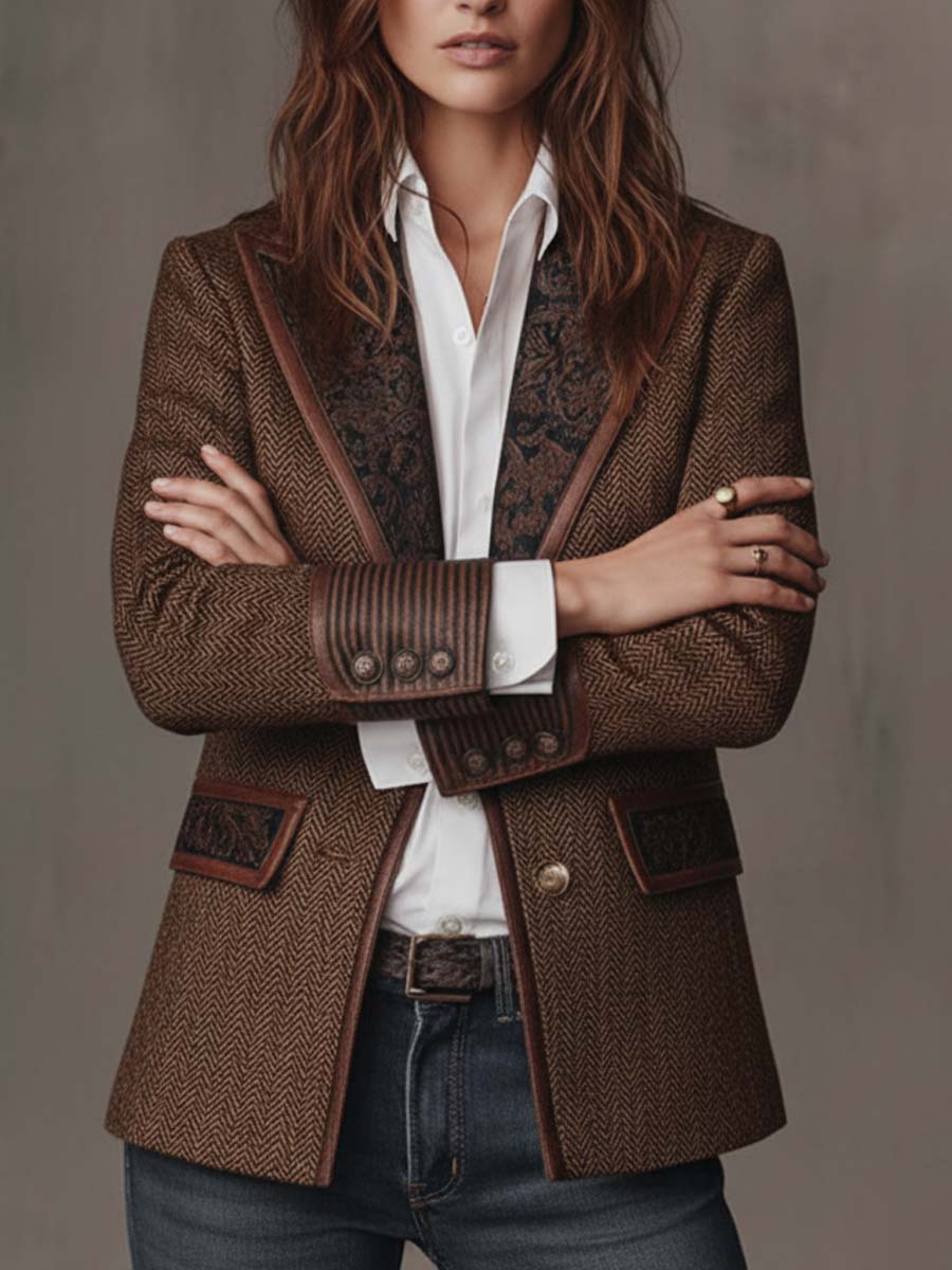 Blazer til kvinder med sildebensmønster og printdetaljer