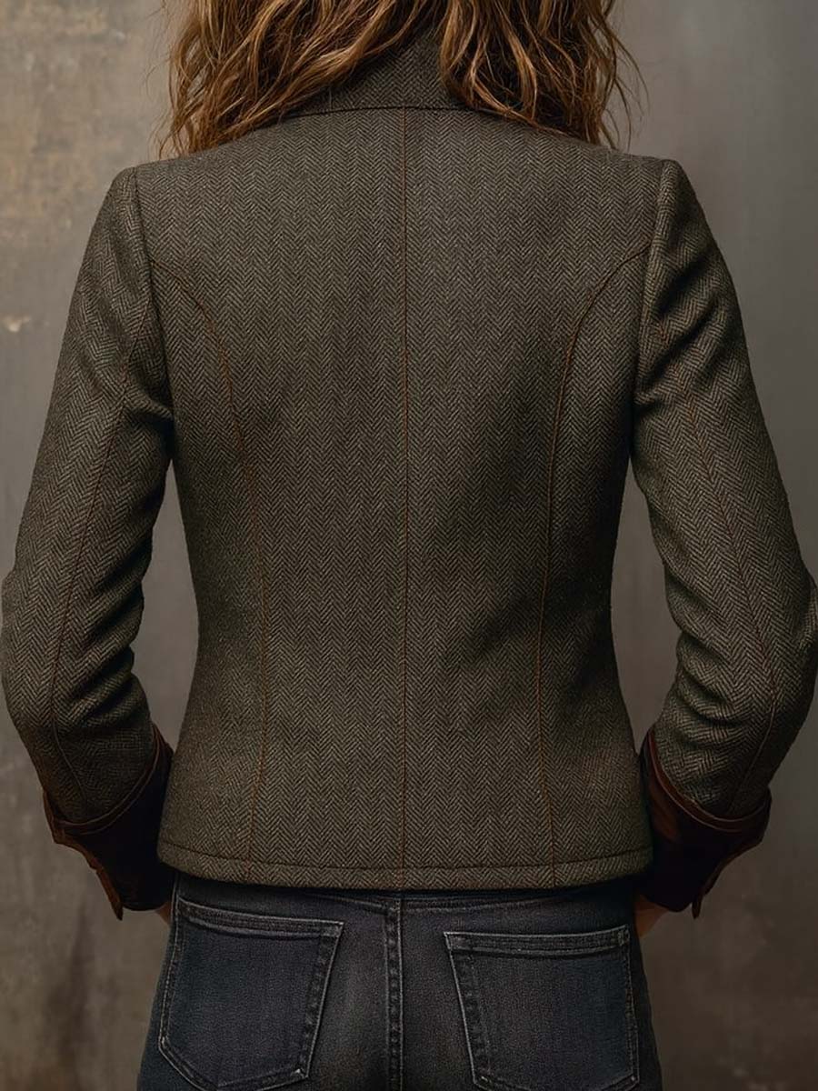 Vintageblazer til kvinder med sildebensmønster og kontrastkanter