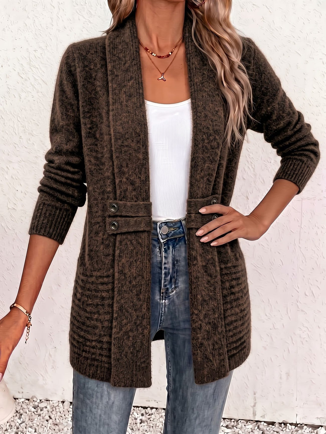 Camille™ | Chokoladebrun ribstrikket cardigan med knapstropper