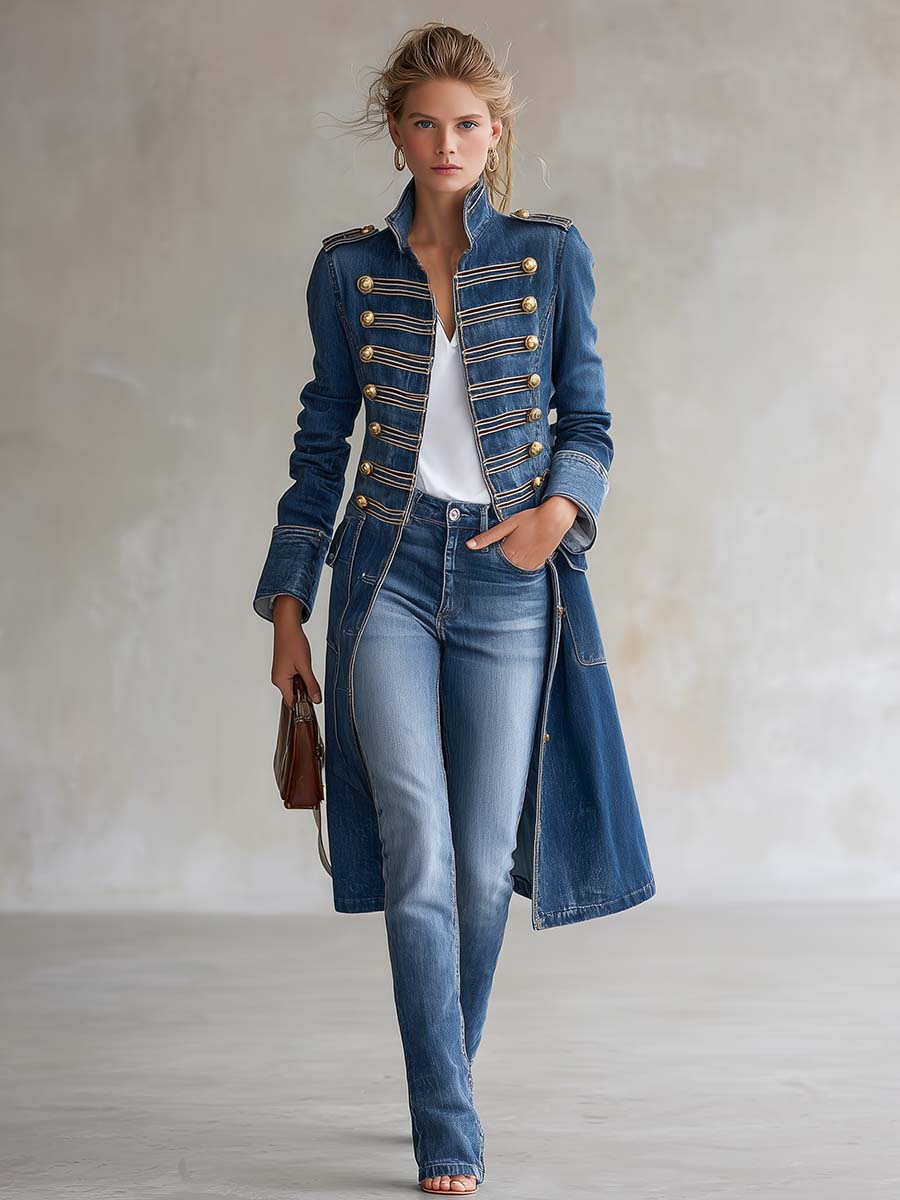 Dagmar – Lang denimfrakke med militærlook