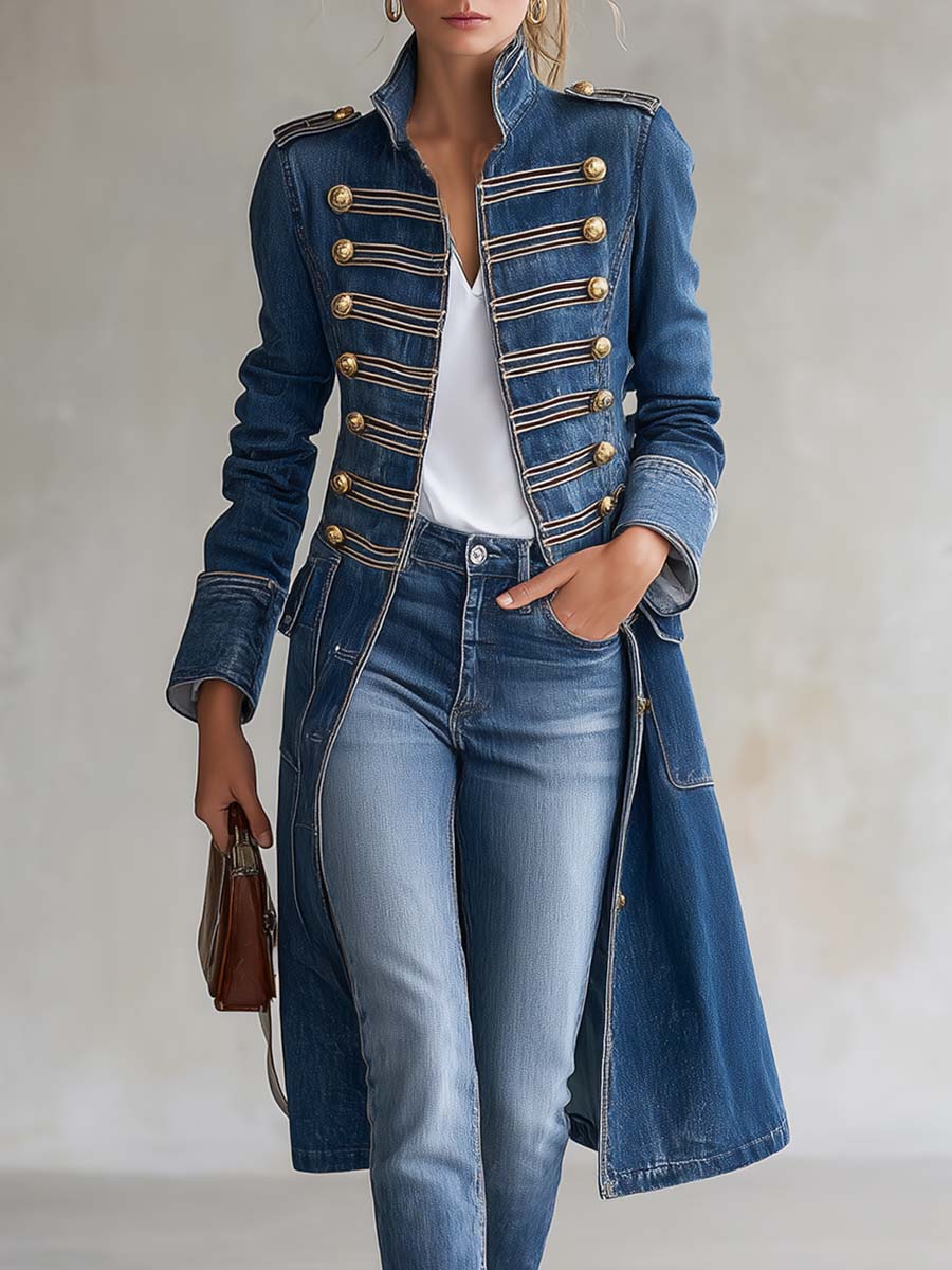 Dagmar – Lang denimfrakke med militærlook