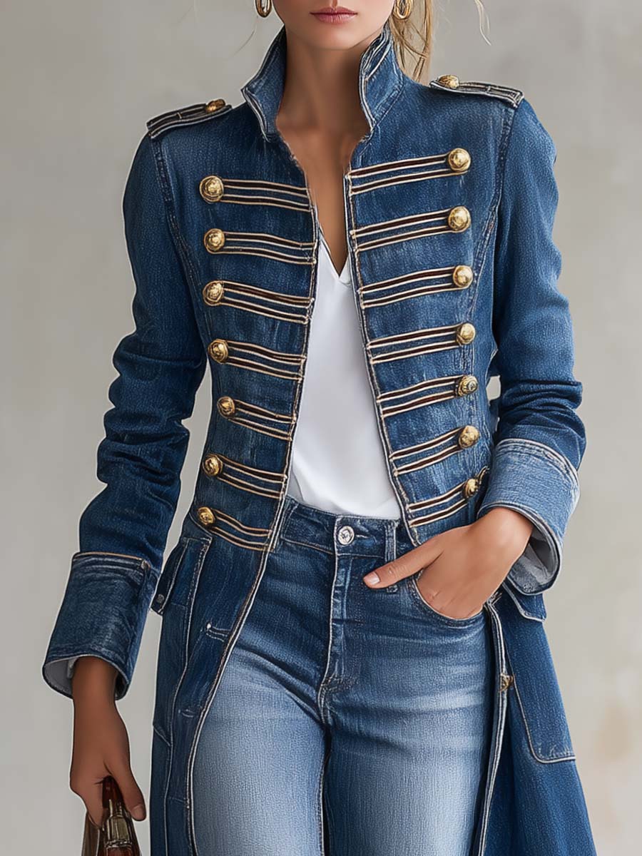 Dagmar – Lang denimfrakke med militærlook