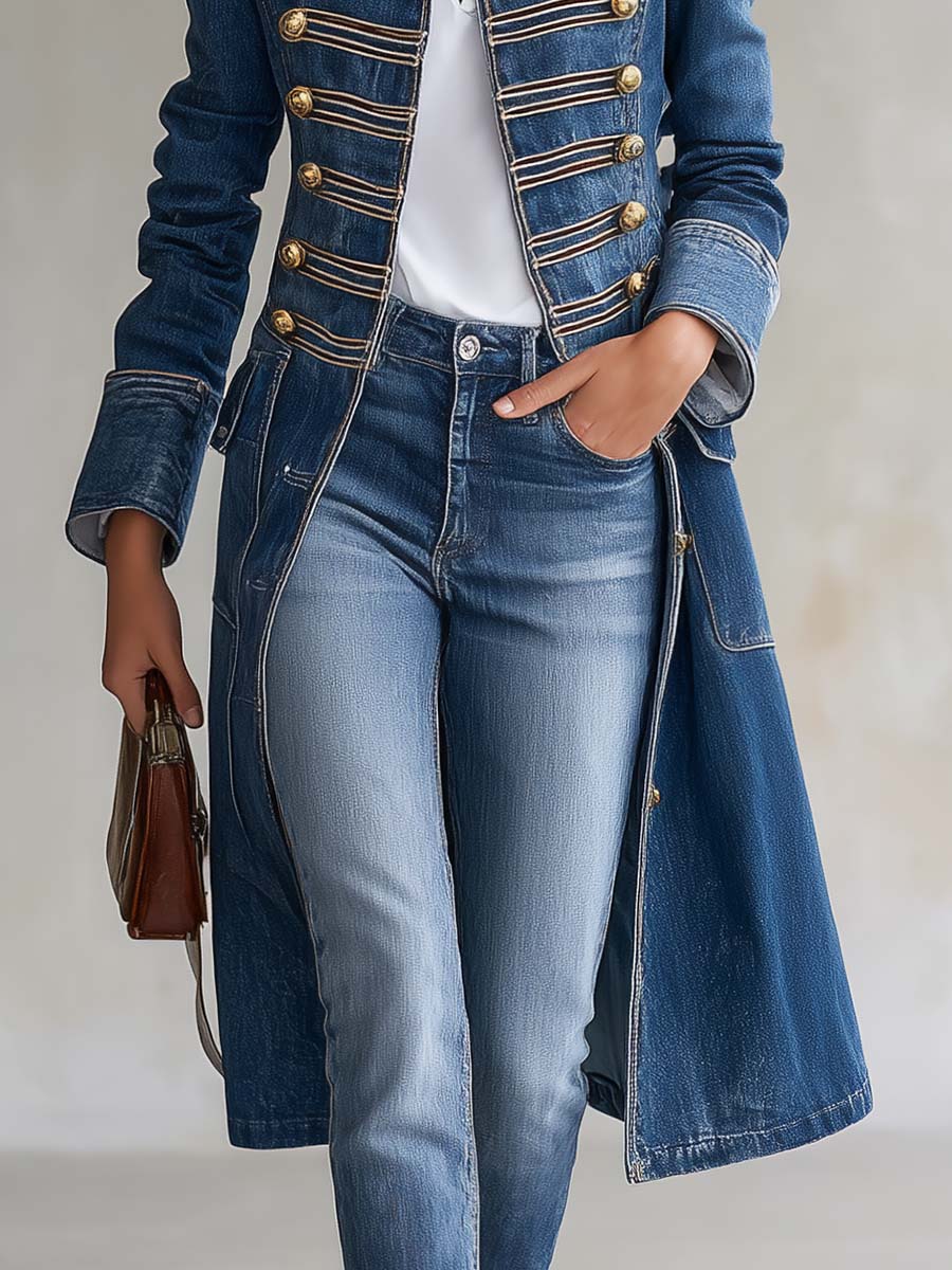 Dagmar – Lang denimfrakke med militærlook