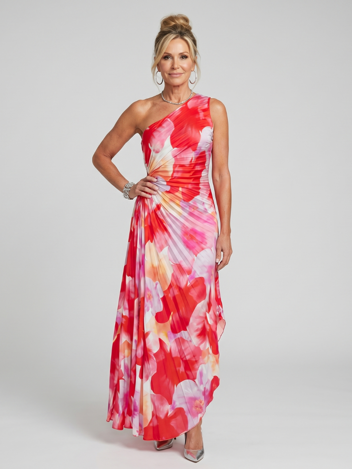 Taya | One-shoulder-midikjole med plisseret overdel