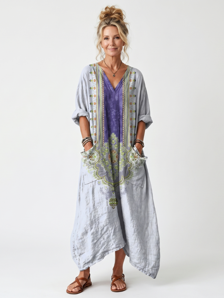Raina | Broderet oversize midikjole med kontrastpanel og lommer