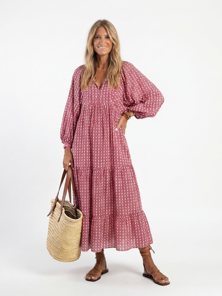 Arlette | Midikjole med geometrisk print og lange ærmer