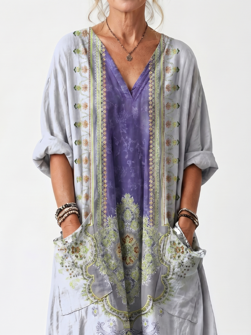 Raina | Broderet oversize midikjole med kontrastpanel og lommer
