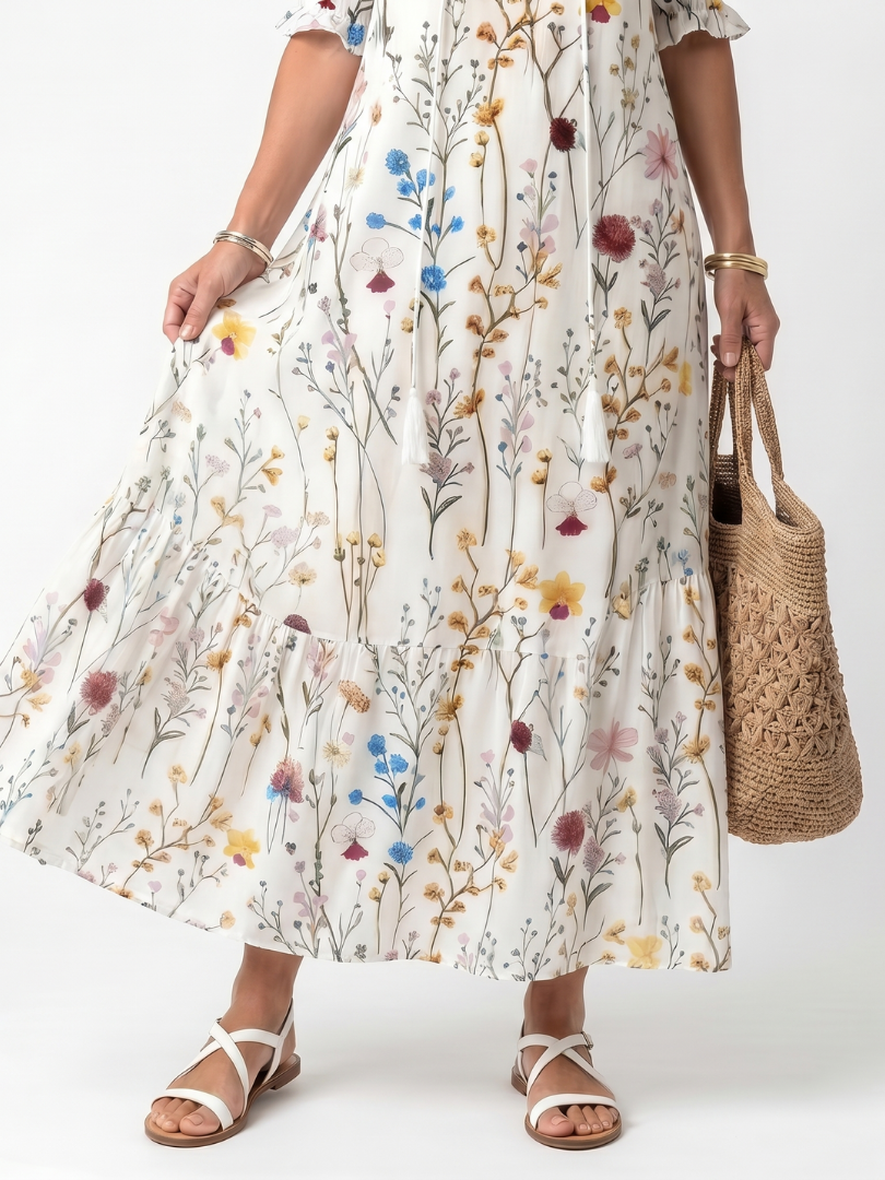 Sylvie | Midikjole med botanisk print og kvastbånd