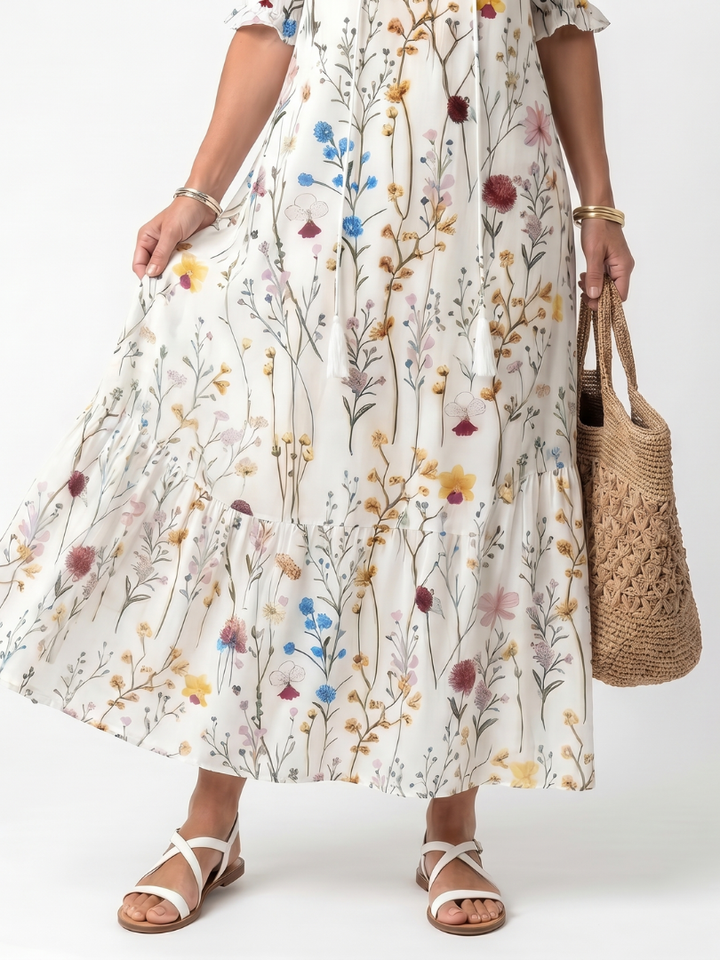 Sylvie | Midikjole med botanisk print og kvastbånd