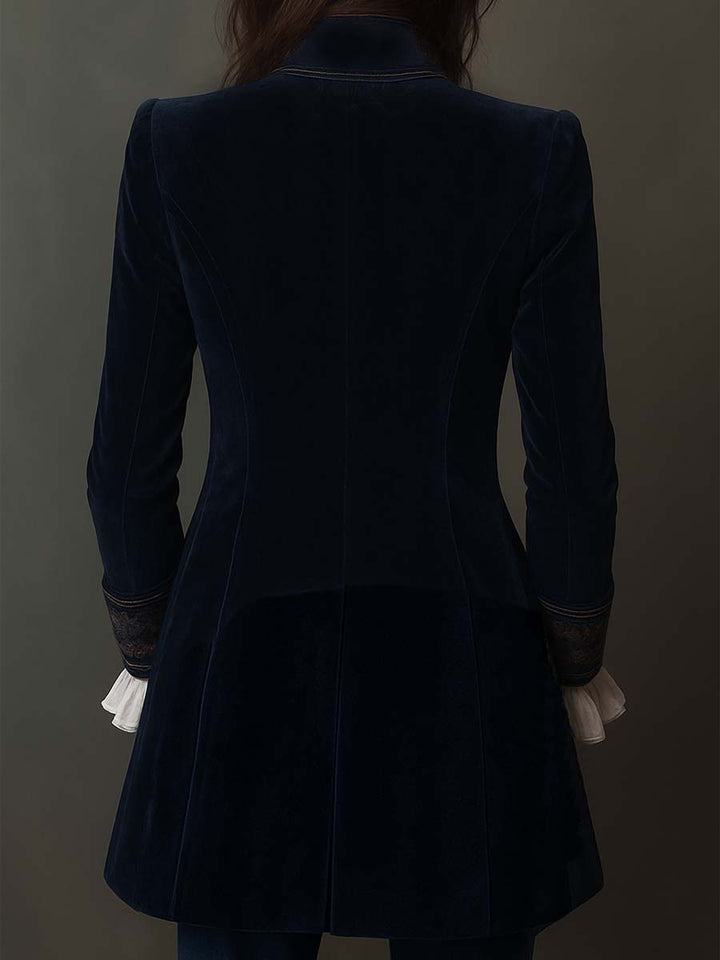 Vintage longline-jakke til kvinder i marineblå med broderi
