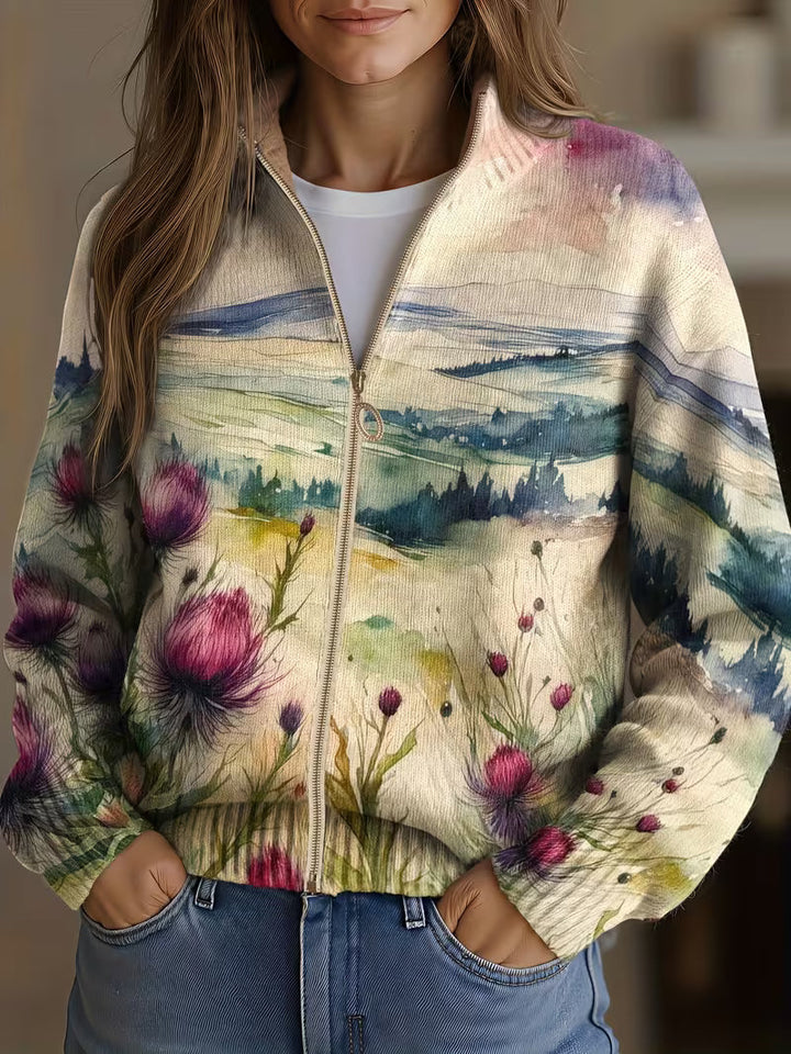 Zelda™ | Cardigan med skotsk tidsellandskab og lynlås
