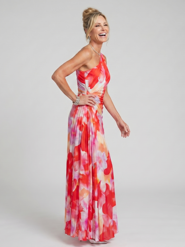 Taya | One-shoulder-midikjole med plisseret overdel