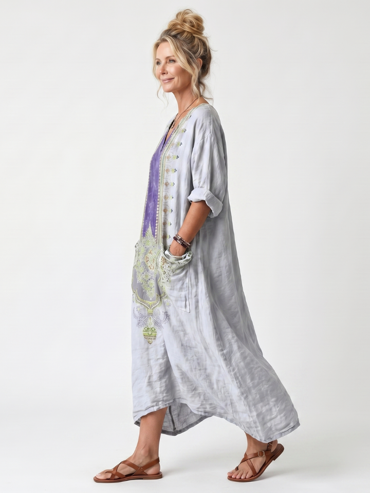 Raina | Broderet oversize midikjole med kontrastpanel og lommer