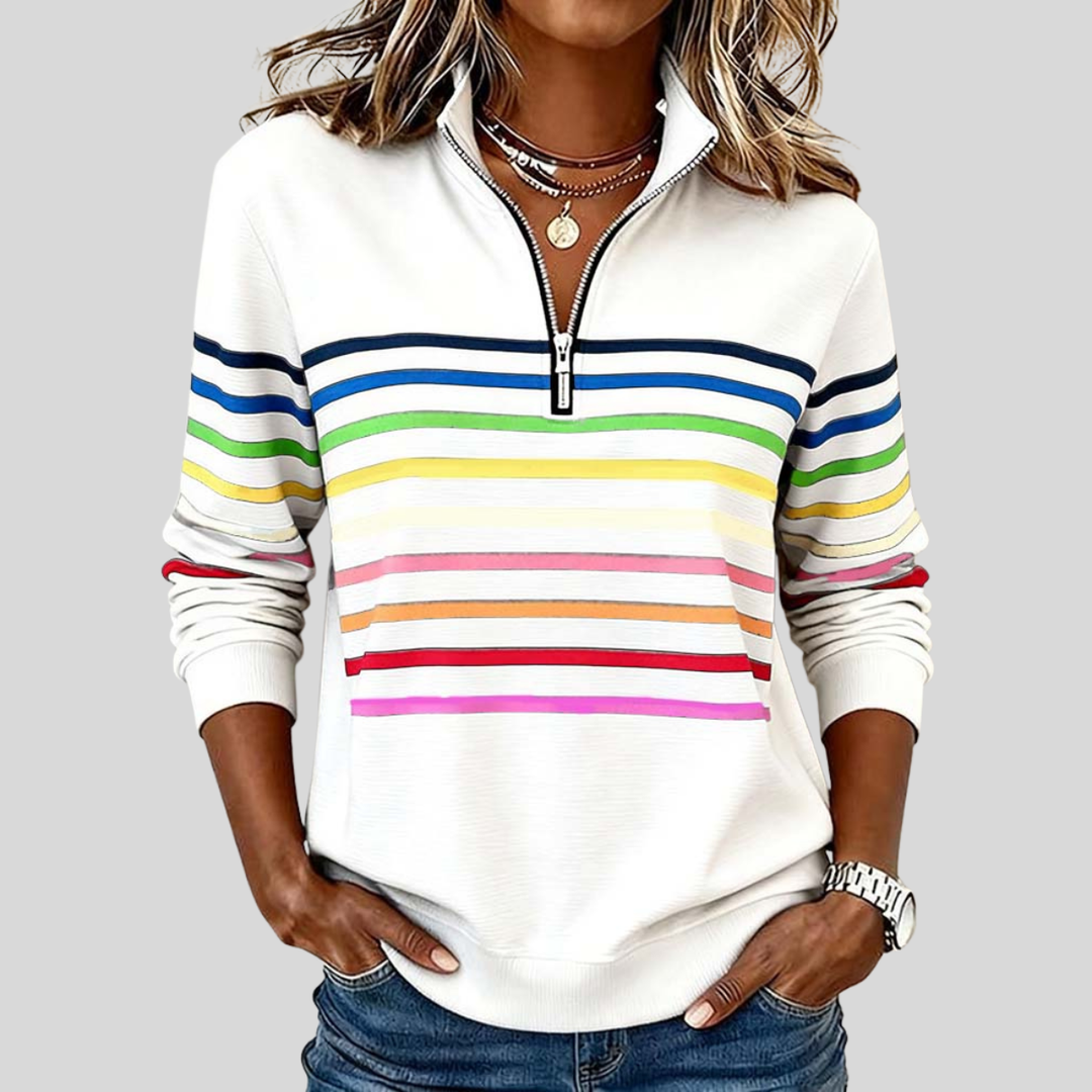 Prismette™ | Farverig stribet sweatshirt med kvart lynlås