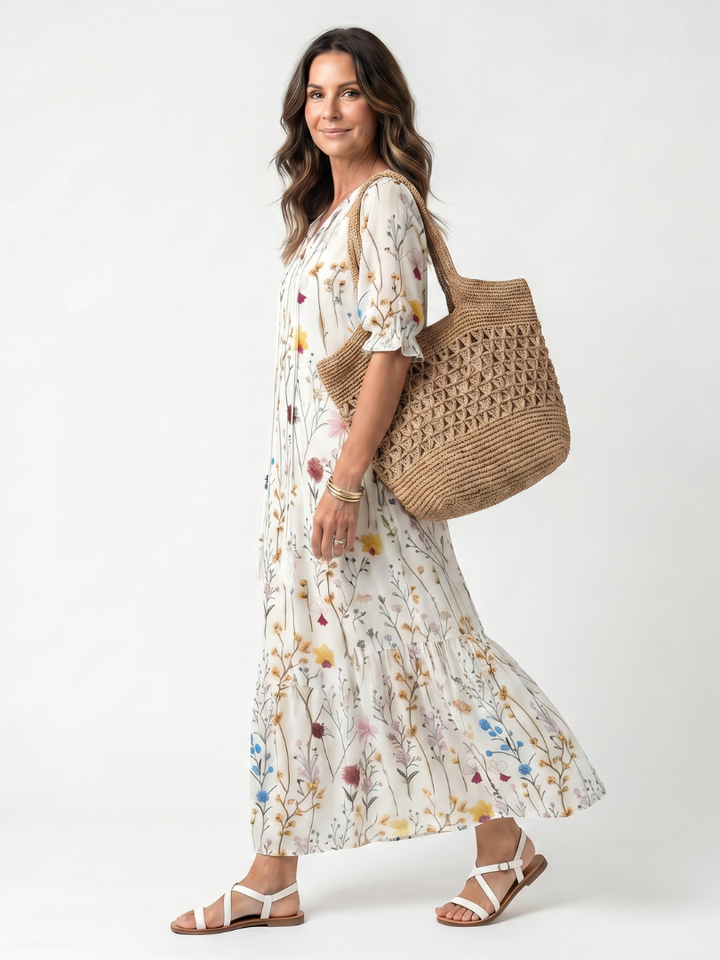 Sylvie | Midikjole med botanisk print og kvastbånd