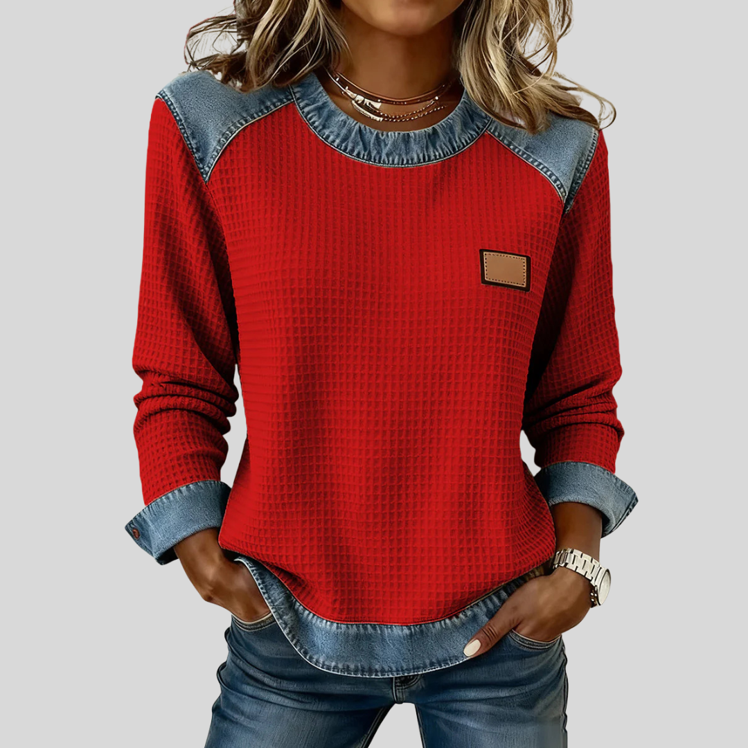 Delancine™ | Vaffelstrikket sweatshirt i patchwork-design