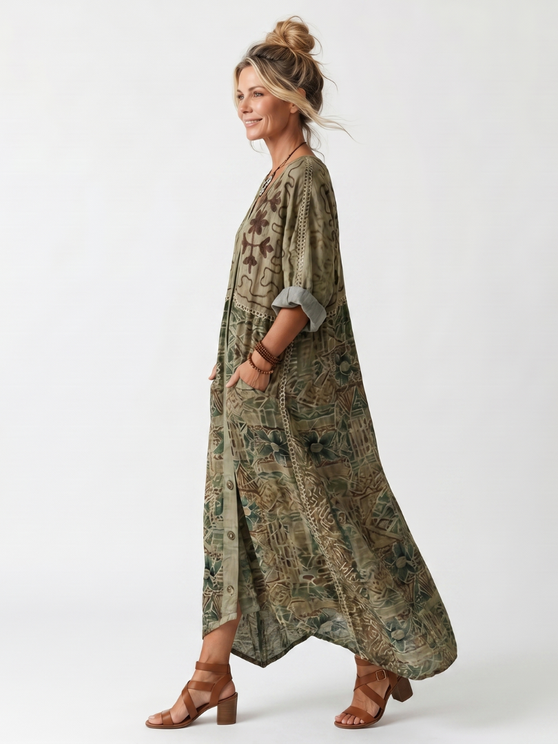 Aleta | Broderet oversize midikjole med knaplukning og lommer