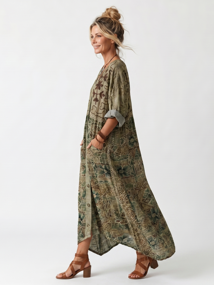 Aleta | Broderet oversize midikjole med knaplukning og lommer