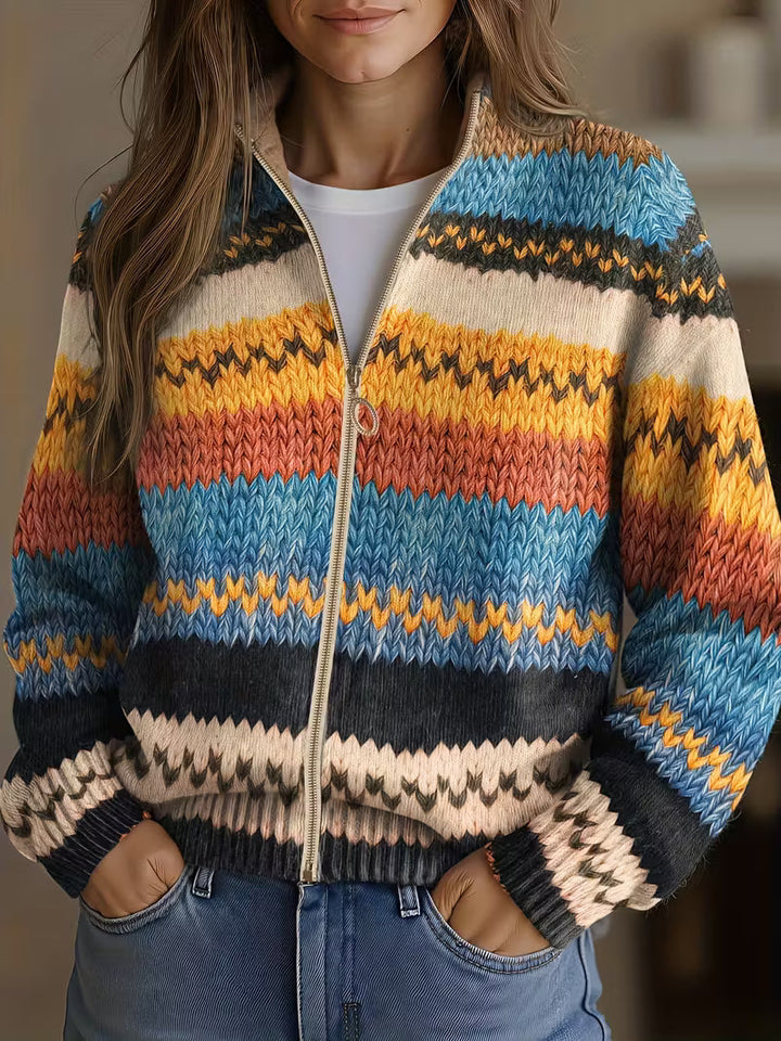 Yseult™ | Strikket cardigan med flerfarvede zigzagstriber