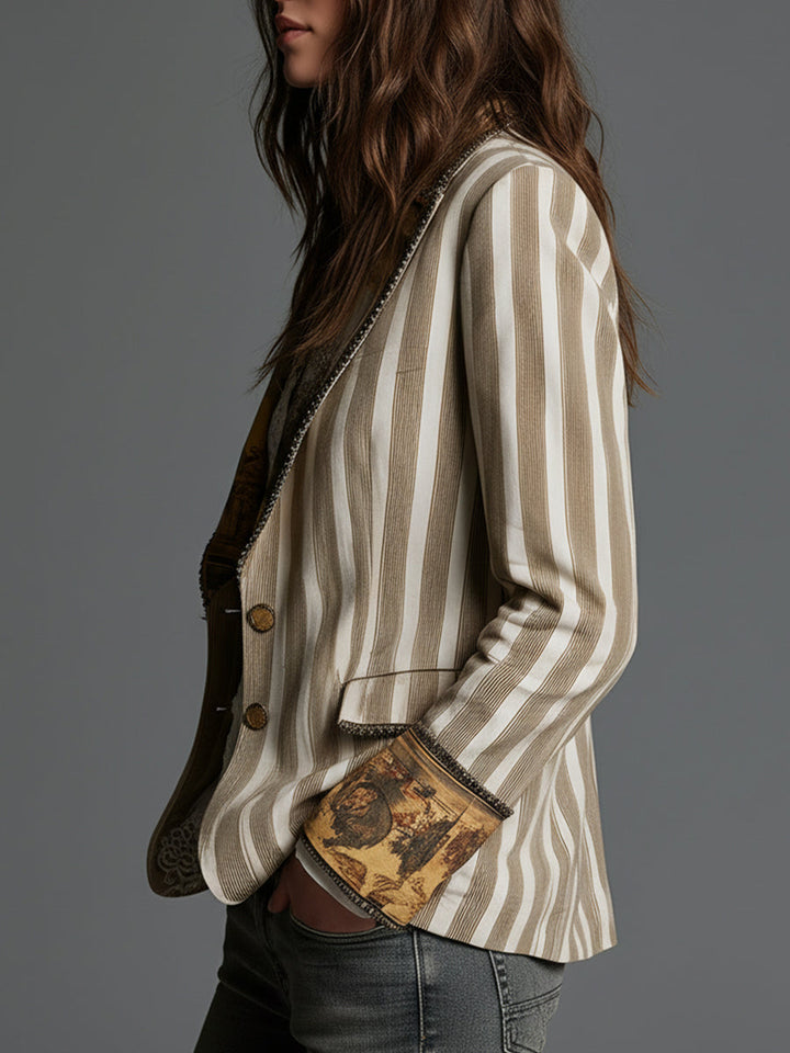 Boho-blazer til kvinder med striber og printet revers