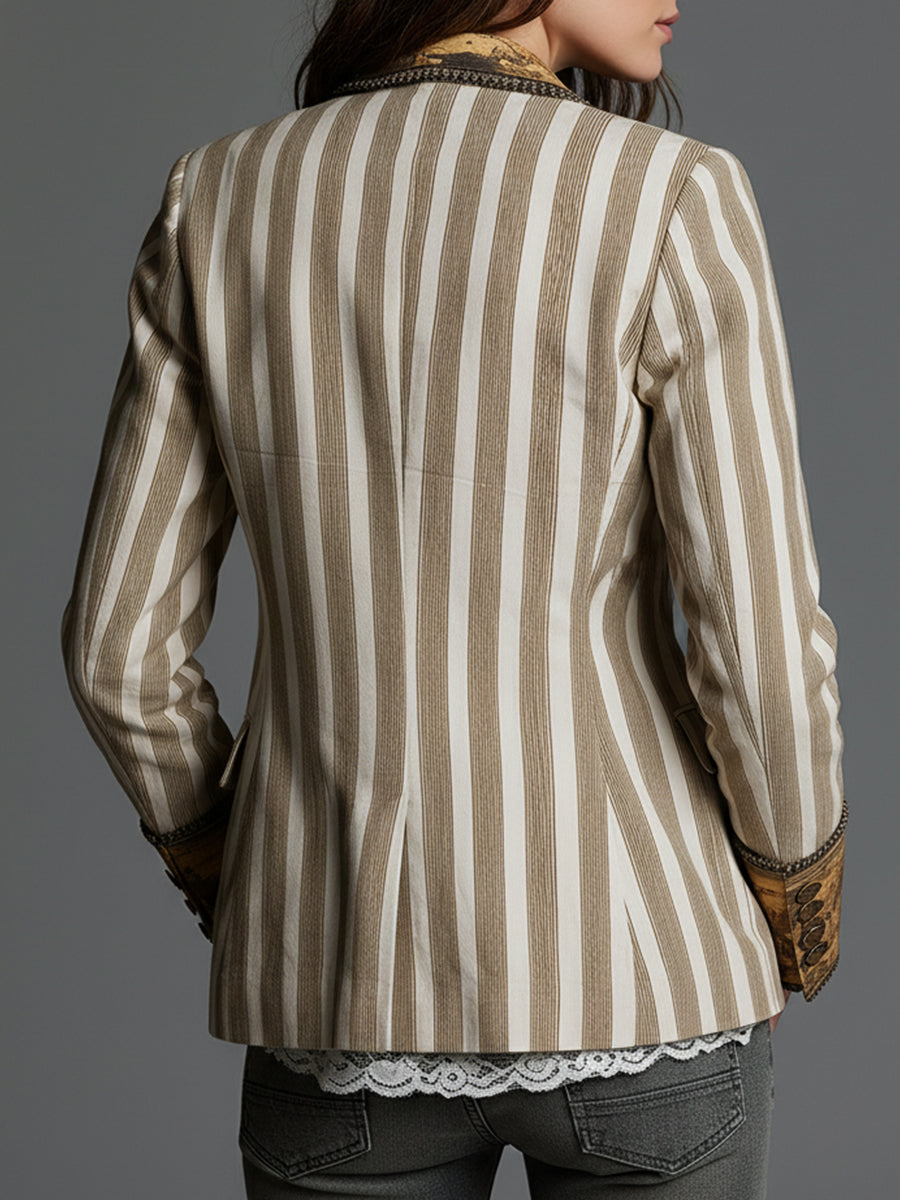 Boho-blazer til kvinder med striber og printet revers