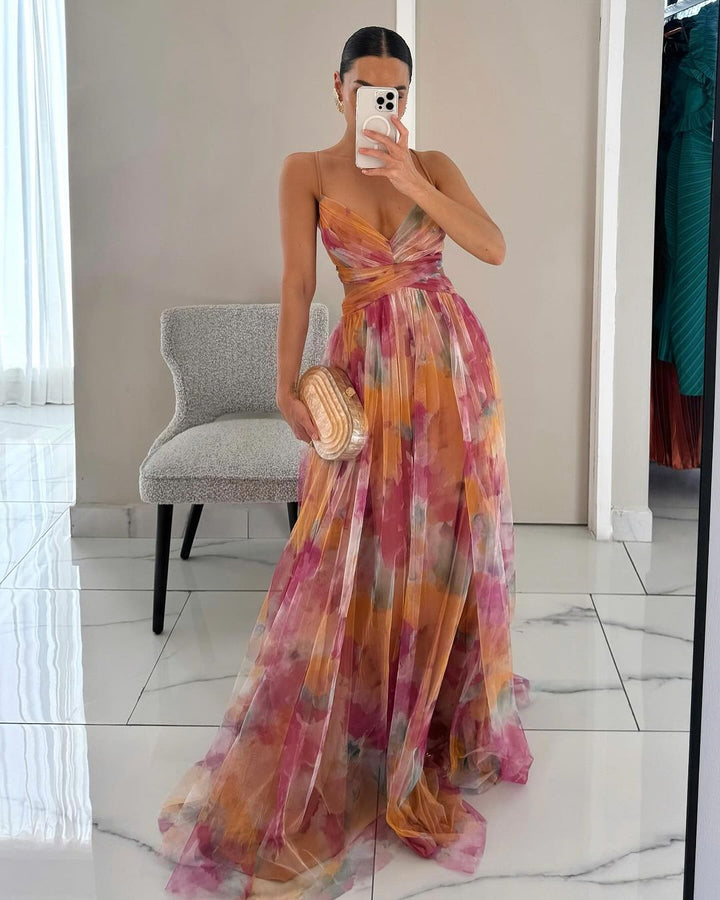 Bryony | Maxikjole i chiffon med akvarelmønster