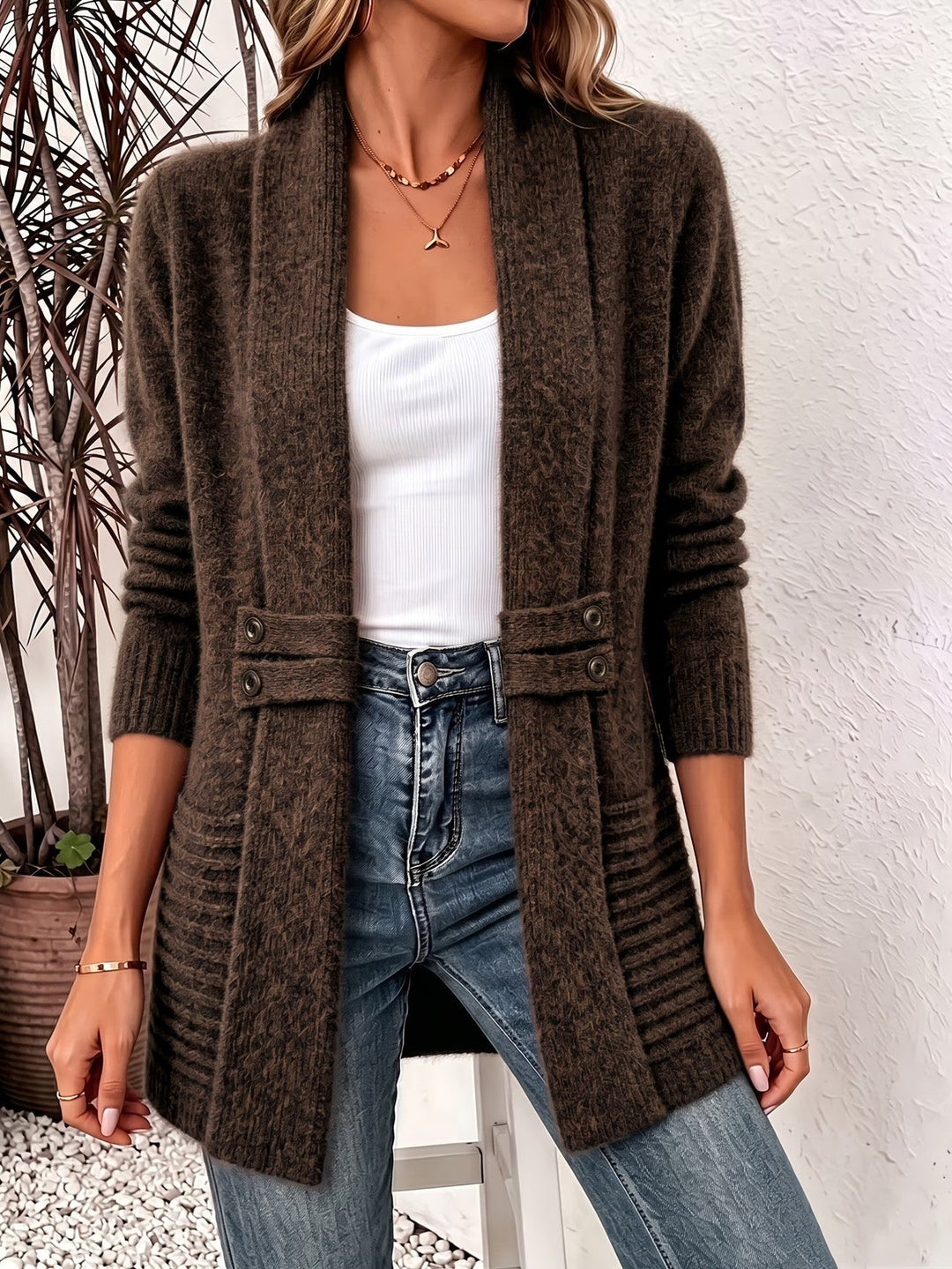 Camille™ | Chokoladebrun ribstrikket cardigan med knapstropper
