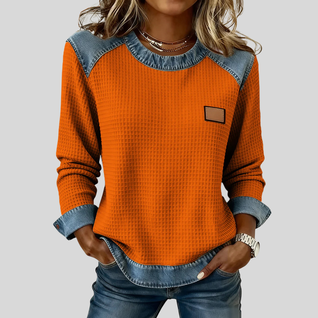 Delancine™ | Vaffelstrikket sweatshirt i patchwork-design
