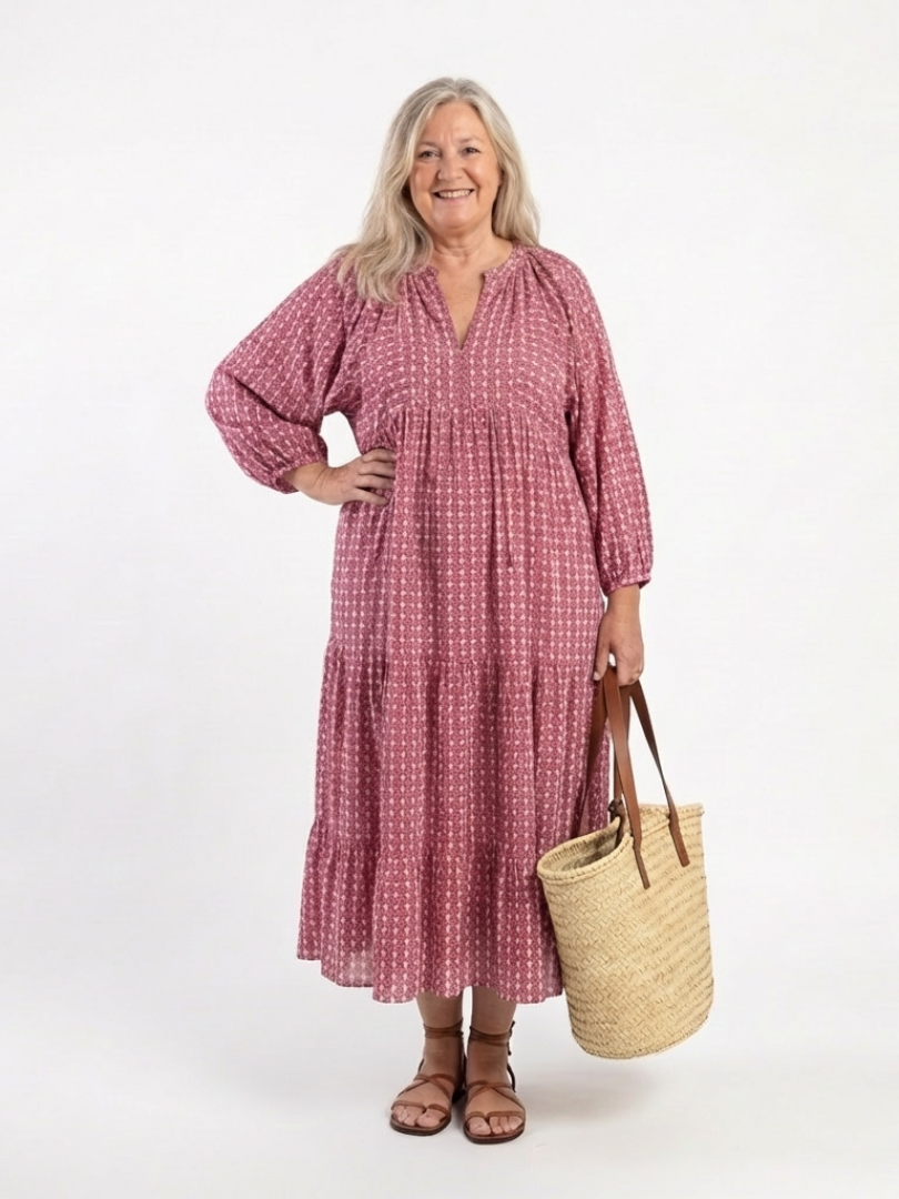 Arlette | Midikjole med geometrisk print og lange ærmer