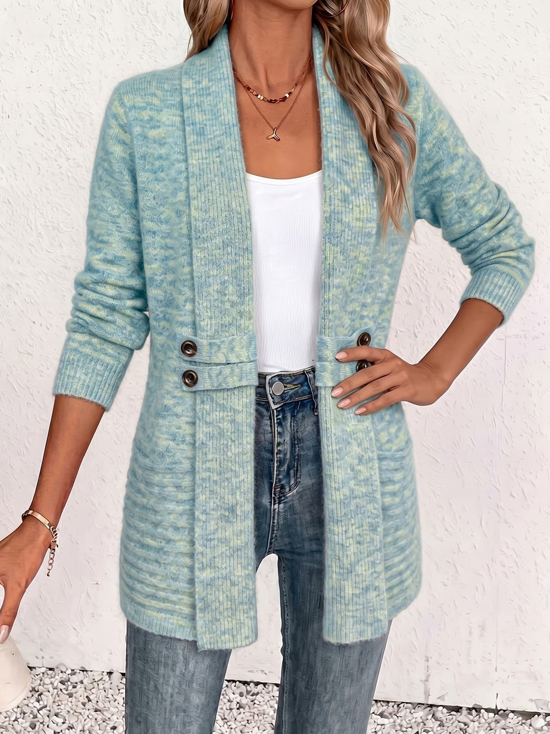 Nova™ | Aquablå ribstrikket cardigan med knapstropper