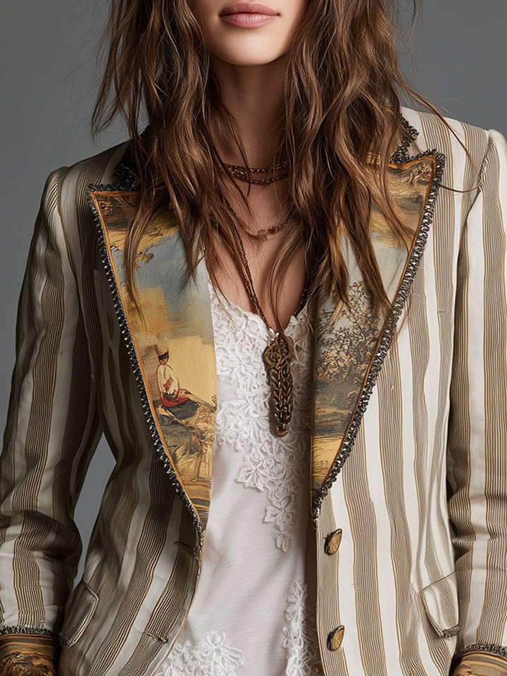Boho-blazer til kvinder med striber og printet revers
