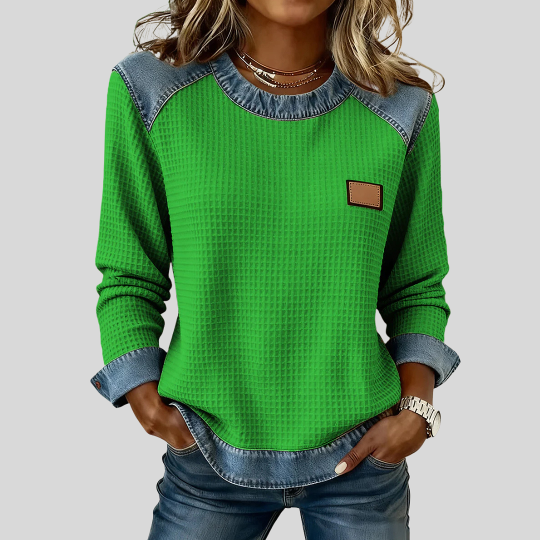 Delancine™ | Vaffelstrikket sweatshirt i patchwork-design