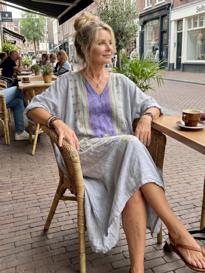 Raina | Broderet oversize midikjole med kontrastpanel og lommer