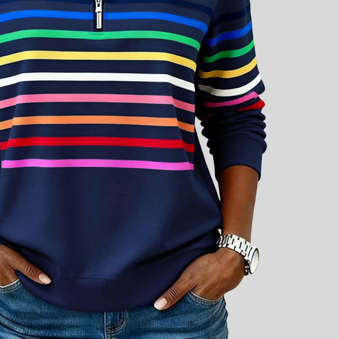 Prismette™ | Farverig stribet sweatshirt med kvart lynlås