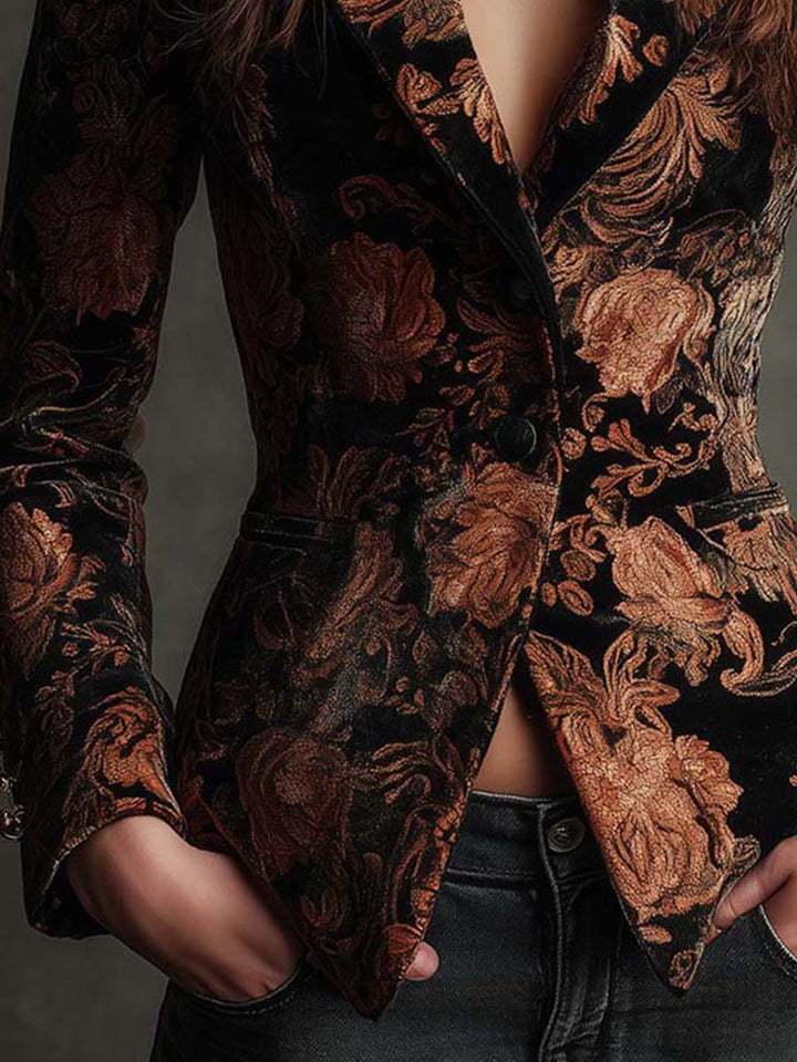 Figursyet blazer til kvinder i sort og bronze med blomstermønster