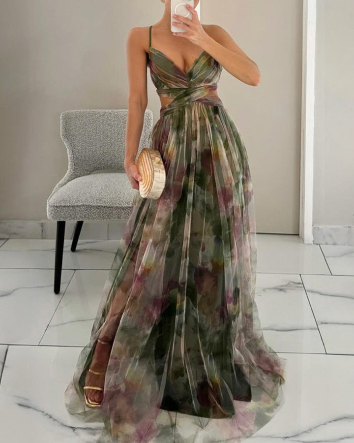 Bryony | Maxikjole i chiffon med akvarelmønster