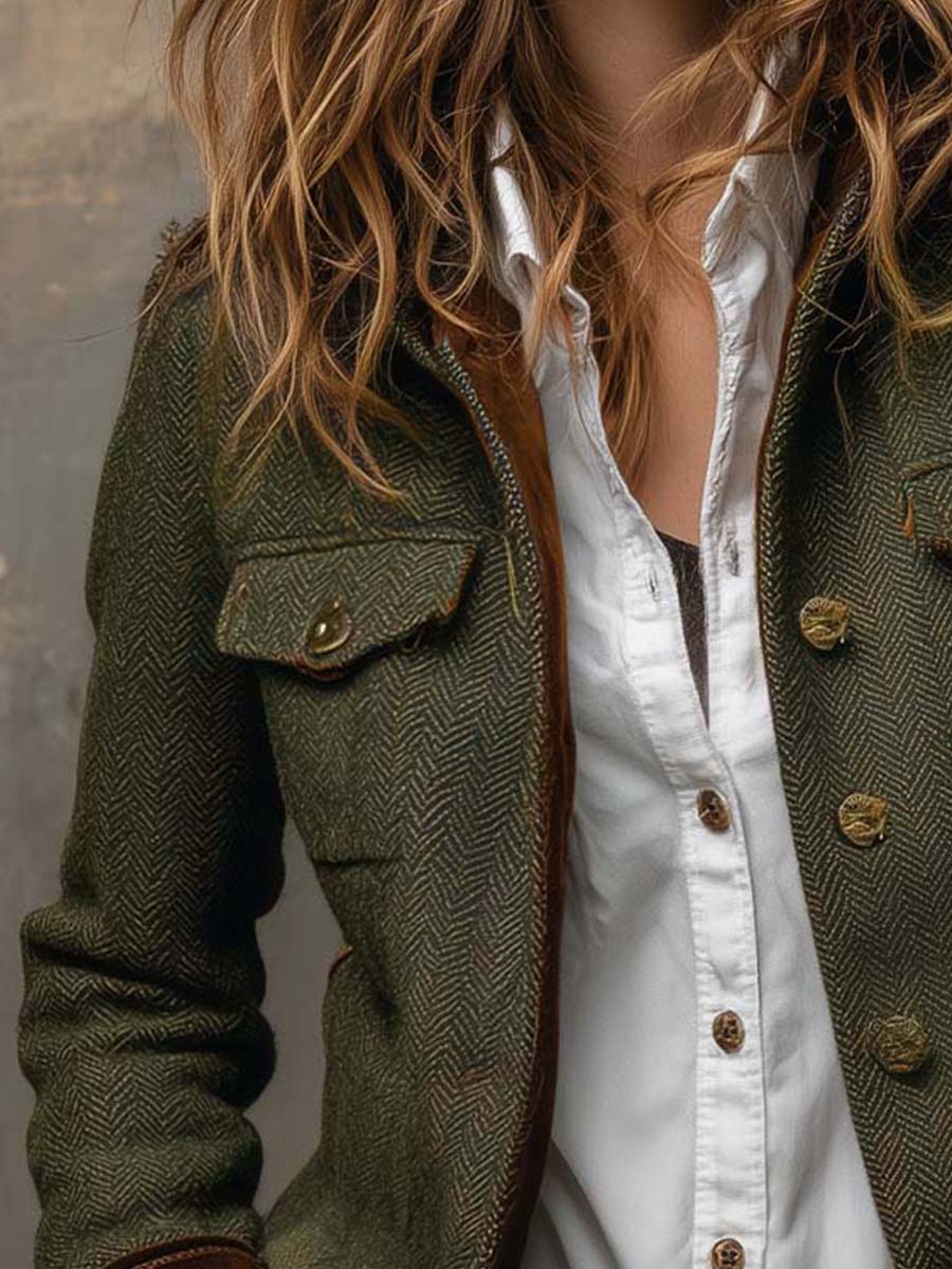 Vintageblazer til kvinder med sildebensmønster og kontrastkanter