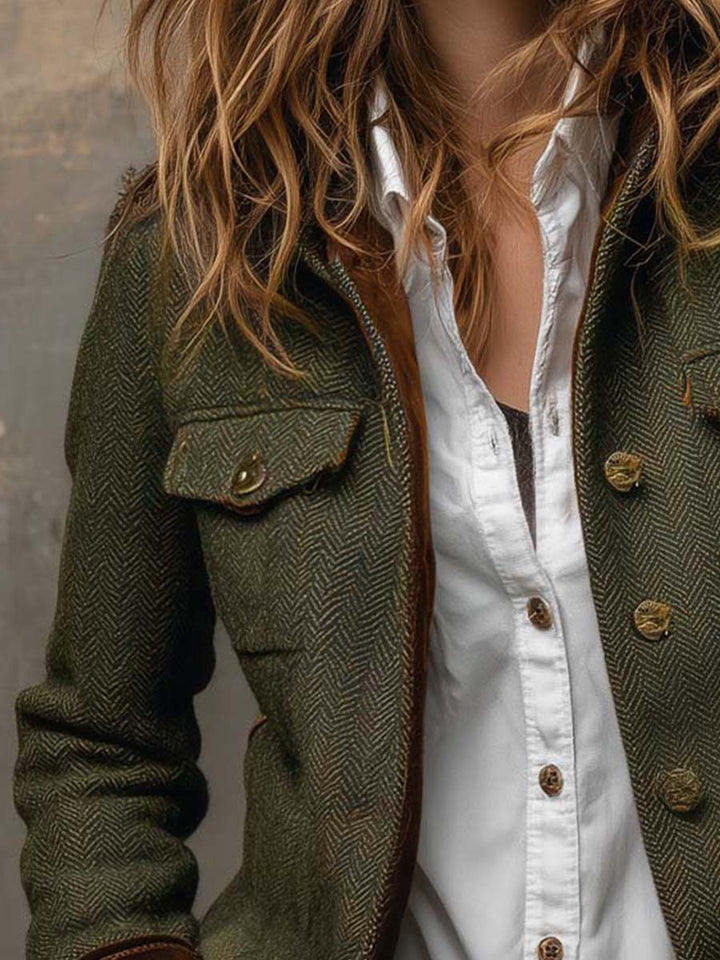 Vintageblazer til kvinder med sildebensmønster og kontrastkanter