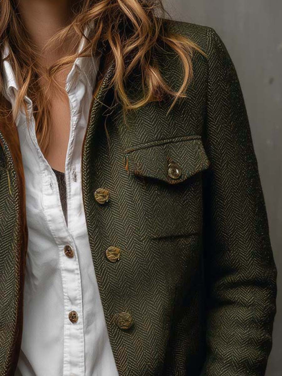Vintageblazer til kvinder med sildebensmønster og kontrastkanter