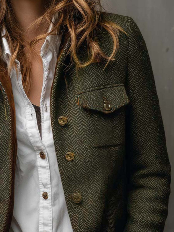 Vintageblazer til kvinder med sildebensmønster og kontrastkanter