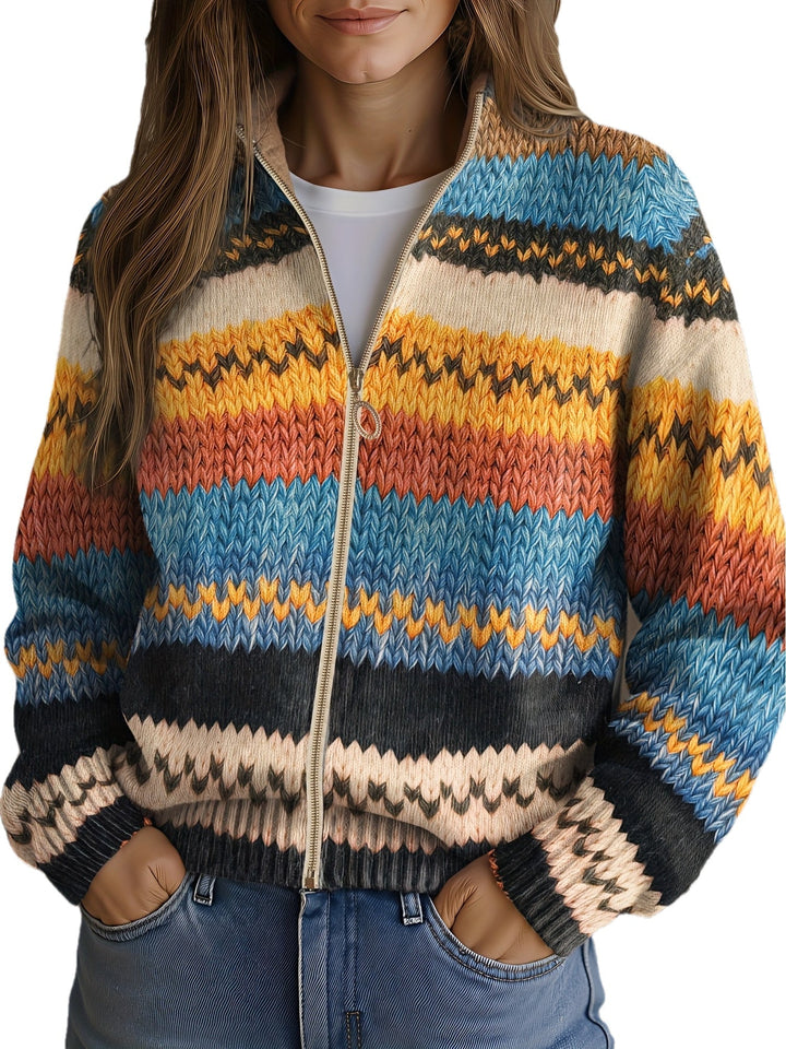 Yseult™ | Strikket cardigan med flerfarvede zigzagstriber