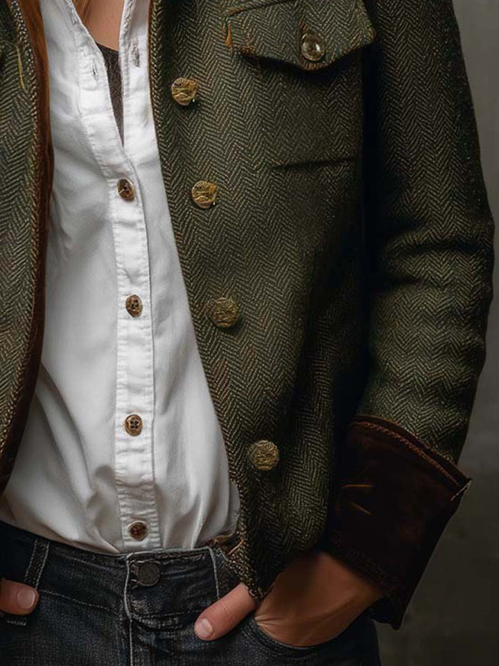 Vintageblazer til kvinder med sildebensmønster og kontrastkanter