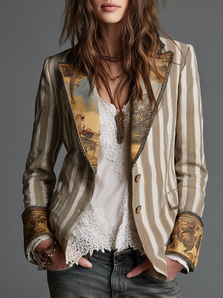 Boho-blazer til kvinder med striber og printet revers