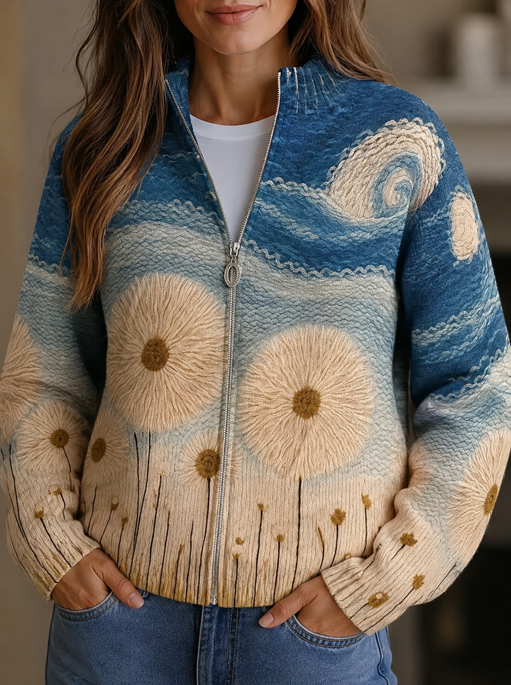 Yolanda™ | Quiltet cardigan med mælkebøtteeng og lynlås