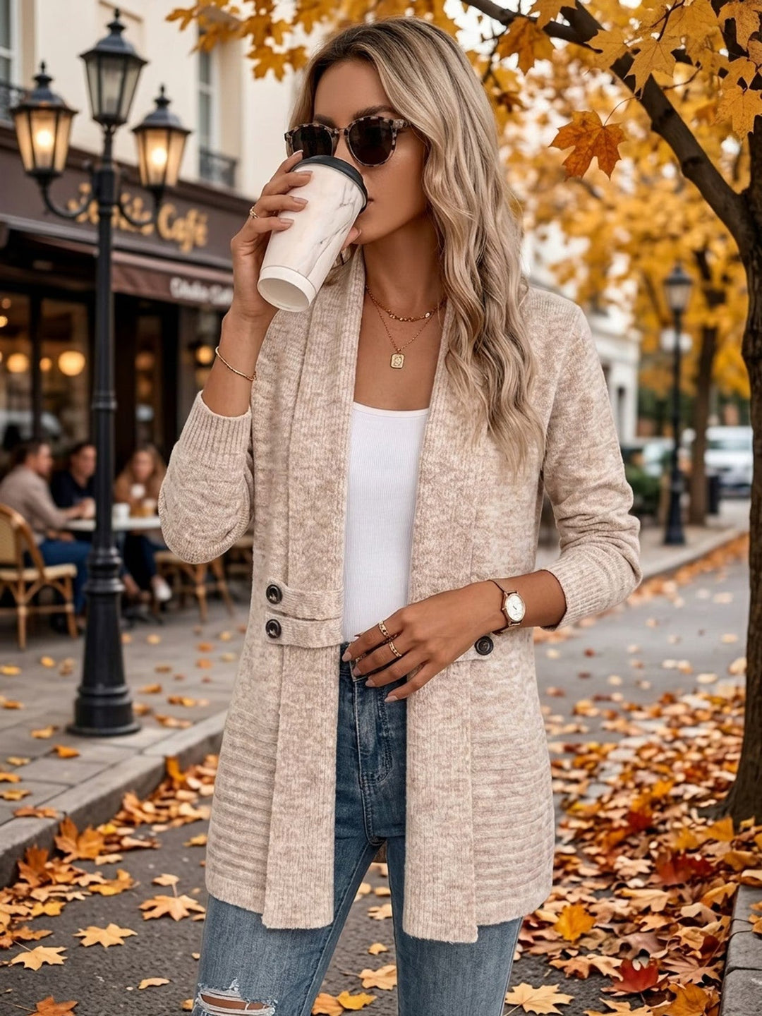 Harlow™ | Havrebeige ribstrikket cardigan med knapstropper