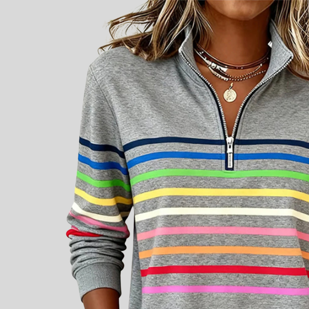 Prismette™ | Farverig stribet sweatshirt med kvart lynlås