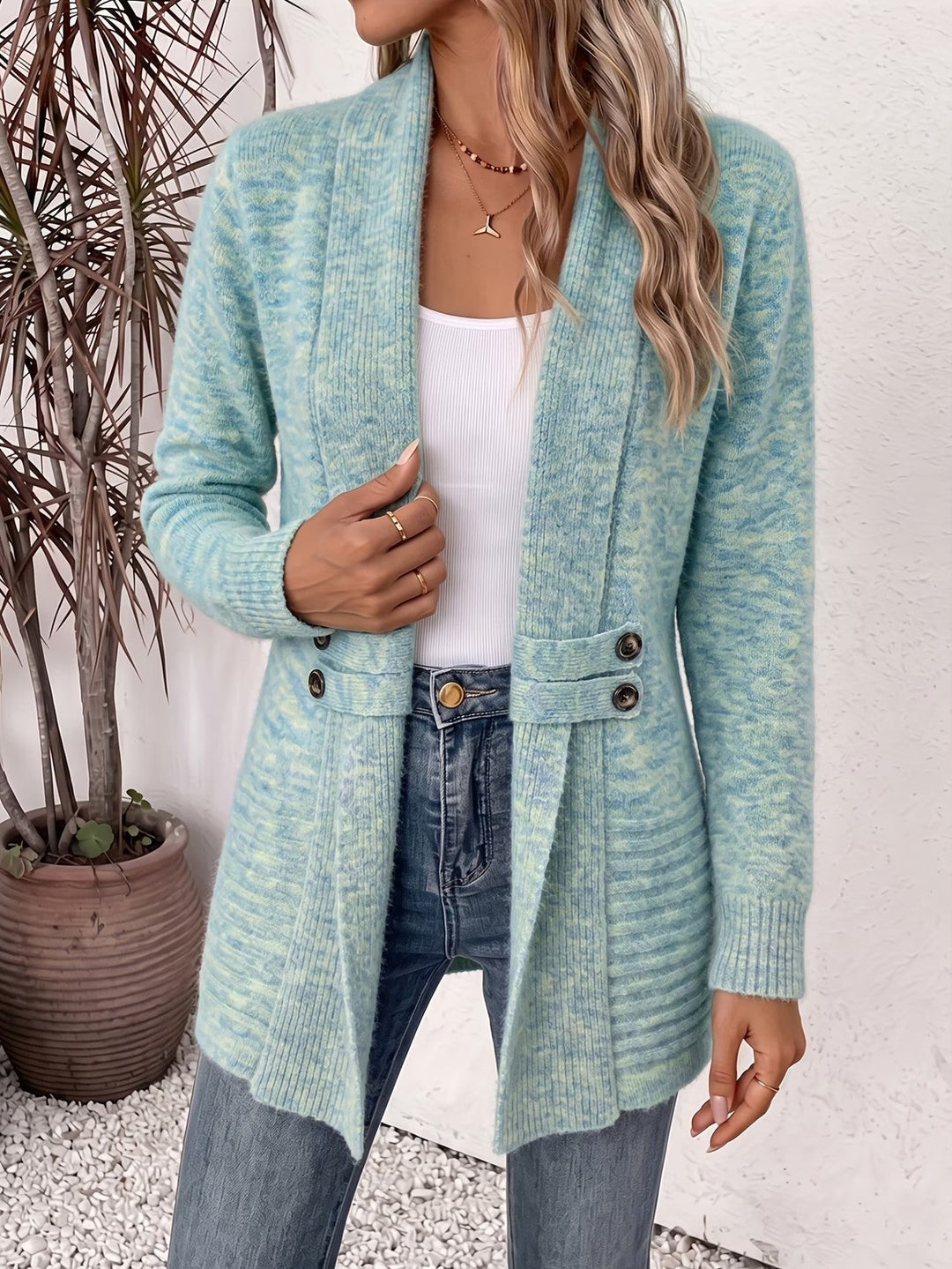 Nova™ | Aquablå ribstrikket cardigan med knapstropper